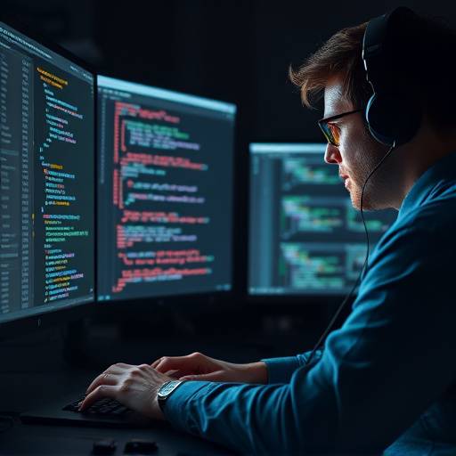 A developer working on a complex game engine interface with lines of code on the screen.