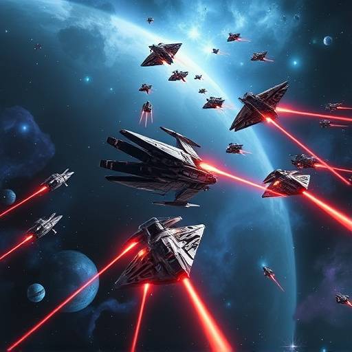 A high-octane dogfight scene from Starfall Odyssey, showcasing two sleek starships exchanging laser fire amidst a nebula-filled backdrop.