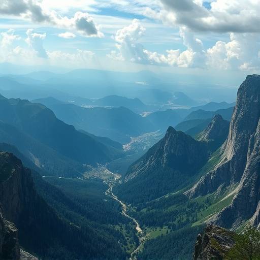 A panoramic view from 'Echoes of the Ancients' displaying the vast and detailed world of Aerthos, including the Crystal Mountains and the Whispering Woods.