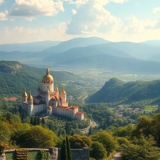 A panoramic view of an elven city, Silverwood, nestled in a vibrant valley from Echoes of the Ancients. The city features gleaming white towers and lush green gardens.