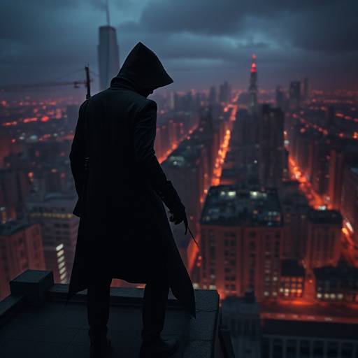 A stealthy assassin navigating a dimly lit, dangerous city from Crimson Shadows. The assassin is perched on a rooftop, overlooking the cityscape.