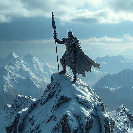 A warrior character, clad in full plate armor, stands victorious atop a snowy mountain peak overlooking the vast world of Aerthos in 'Echoes of the Ancients'.