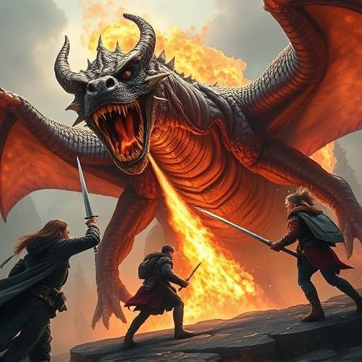 An epic scene of a team of adventurers battling a colossal dragon in Echoes of the Ancients. The dragon breathes fire, and the adventurers fight valiantly.