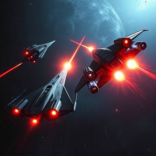An intense dogfight scene from 'Starfall Odyssey' showing two ships exchanging laser fire.