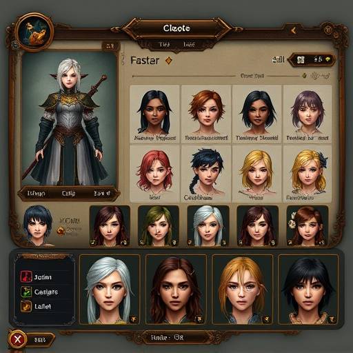 Character customization screen in 'Echoes of the Ancients' showing various options for hairstyles, skin tones, and facial features.