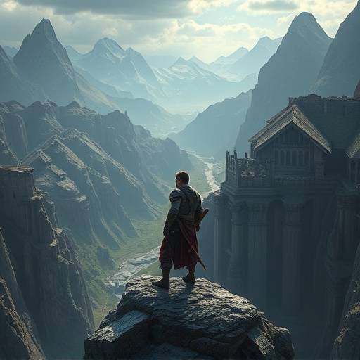 Concept art of a lone warrior standing on a cliff overlooking a vast fantasy landscape from an unreleased Aetherium Games title. The warrior is clad in armor, and the landscape features towering mountains and ancient ruins.