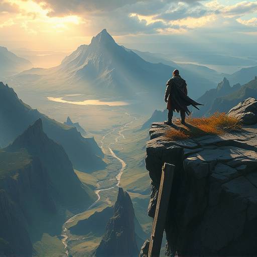 Concept art of a warrior standing on a cliff overlooking a vast landscape from one of our fantasy games.