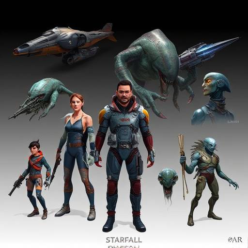 Concept art showcasing various character designs from 'Starfall Odyssey', ranging from human pilots to alien creatures.