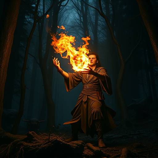 Gameplay screenshot from 'Echoes of the Ancients' showing the mage character casting a powerful fire spell against a group of goblins in a dark forest.