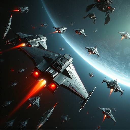 Screenshot from 'Starfall Odyssey,' depicting a spaceship battling alien fighters in deep space.