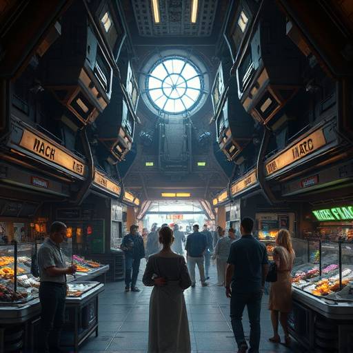 Screenshot of a space station interior with various alien merchants.