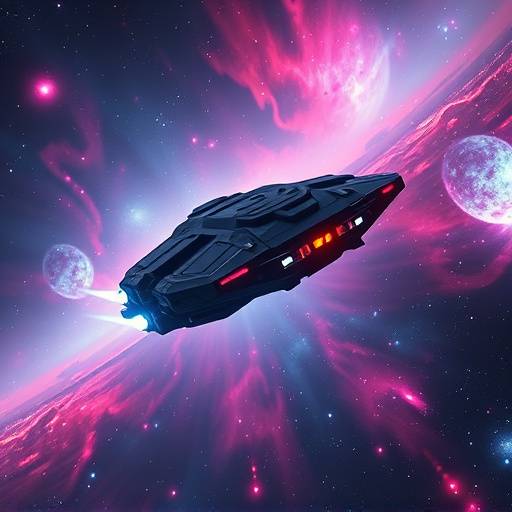 Screenshot showing Captain Rostova's ship warping into a new star system.